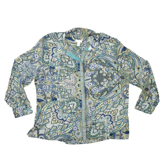 Chico's Paisley Blouse Women's Plus Size 3 Sheer Collared V-Neck Polyester - Picture 1 of 8